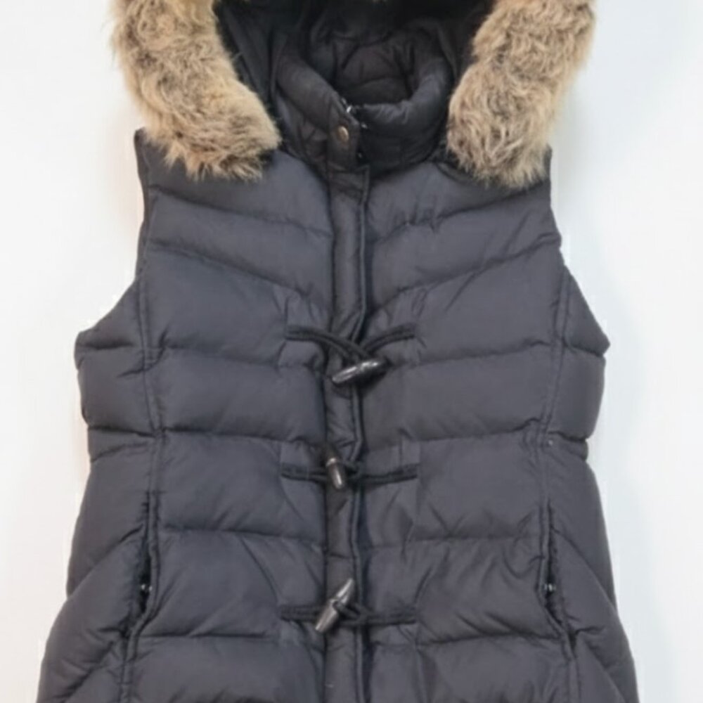 Jcrew Black Puffer Vest removable hood and separate Shearling fur trim